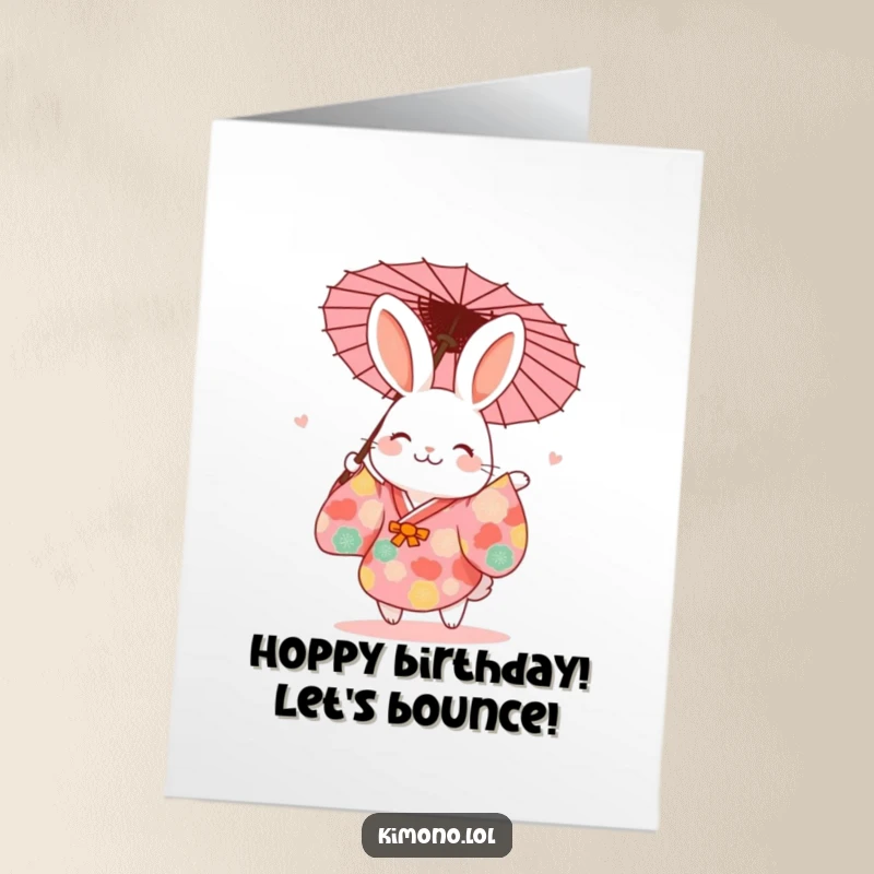 Funny Free Printable Birthday Card: Cute rabbit in vibrant kimono dancing joyfully with paper umbrella.