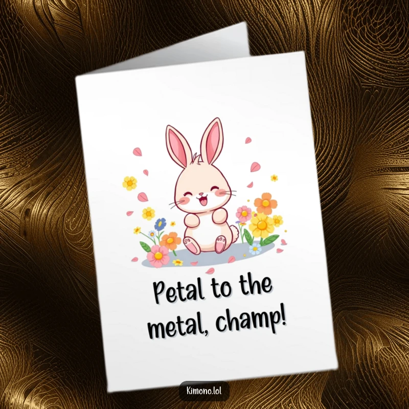Funny free printable congratulations card featuring a cheerful bunny scattering colourful flower petals in celebration.