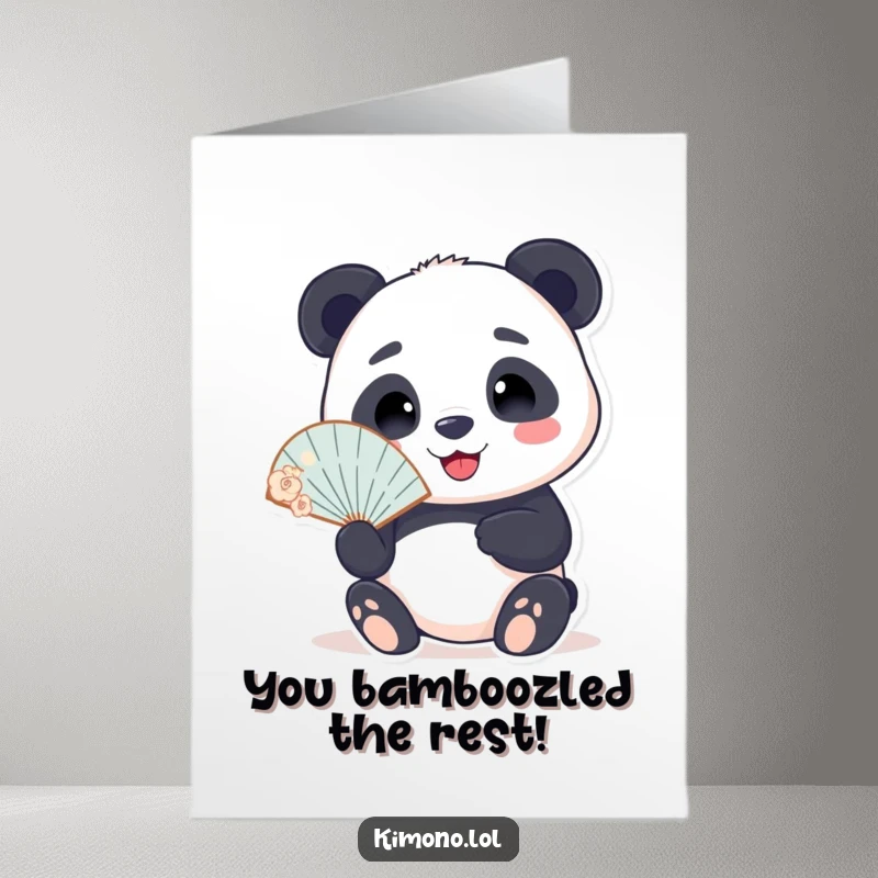 Free printable congratulations card: A smiling panda holds a delicate fan, exuding cool confidence and celebratory spirit.