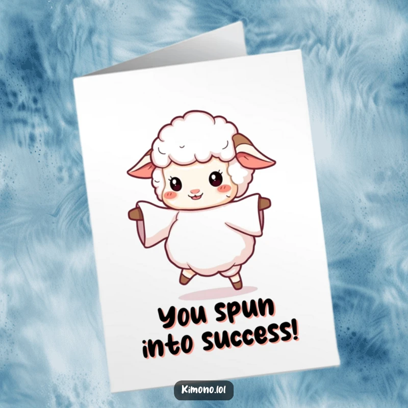 Free printable congratulations card: A fluffy sheep twirls gracefully with a flowing sleeve, embodying celebratory joy.