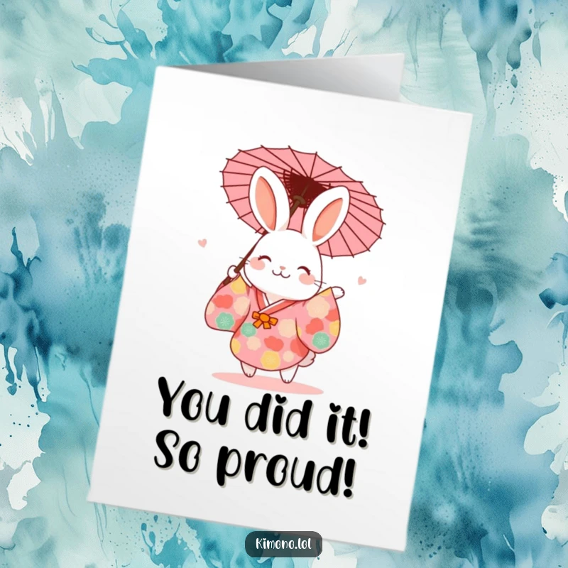 Funny Free Printable Congratulations Card: Adorable rabbit in kimono dancing vibrantly with a paper umbrella.
