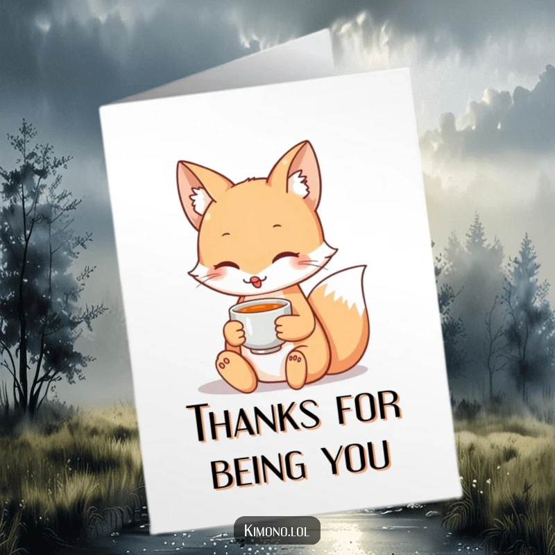 Funny free printable thank you card with a calm fox holding a teacup, conveying sincere thanks.