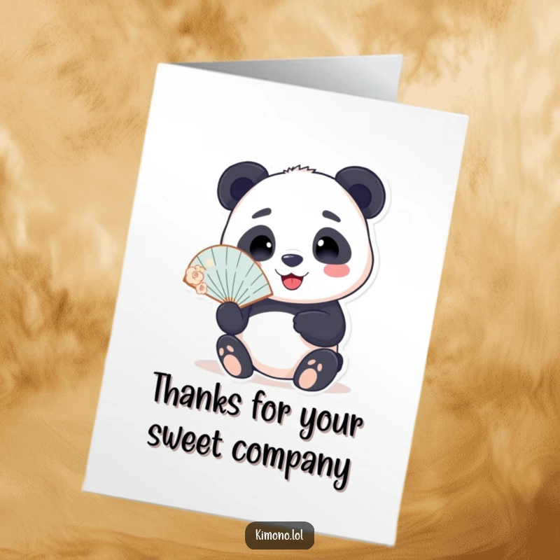 Funny free printable thank you card: A smiling panda character holds a delicate fan, offering thanks with serene grace.