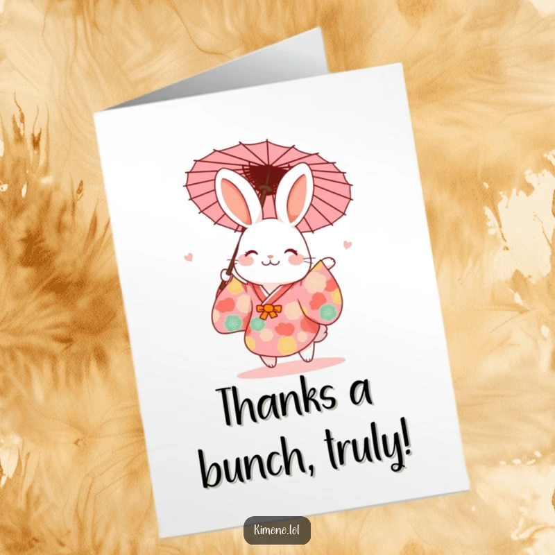Funny Free Printable Thank You Card: Cute rabbit in a vibrant kimono joyfully dancing with a paper umbrella.