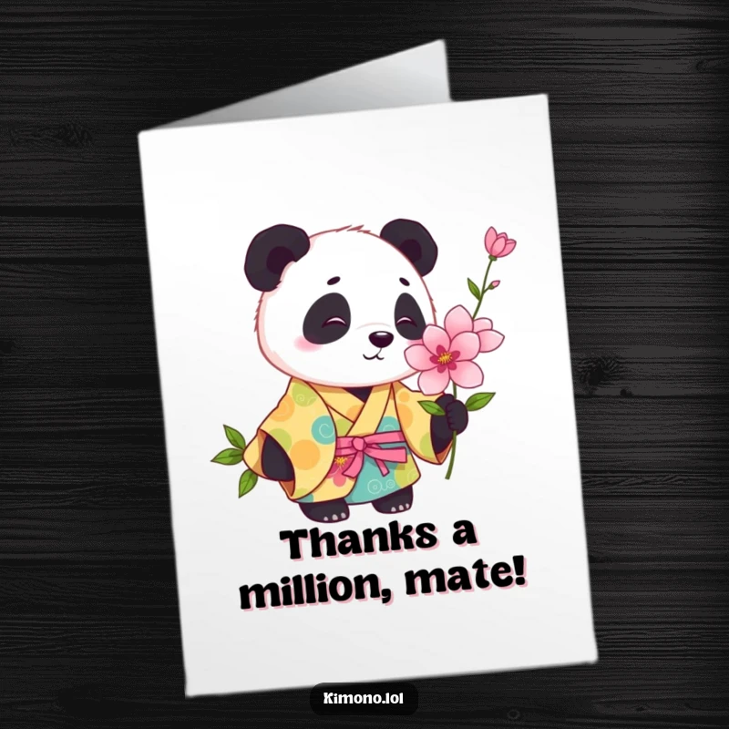 Funny Free Printable Thank You Card: Playful panda in a colorful kimono curiously sniffing a blooming flower.