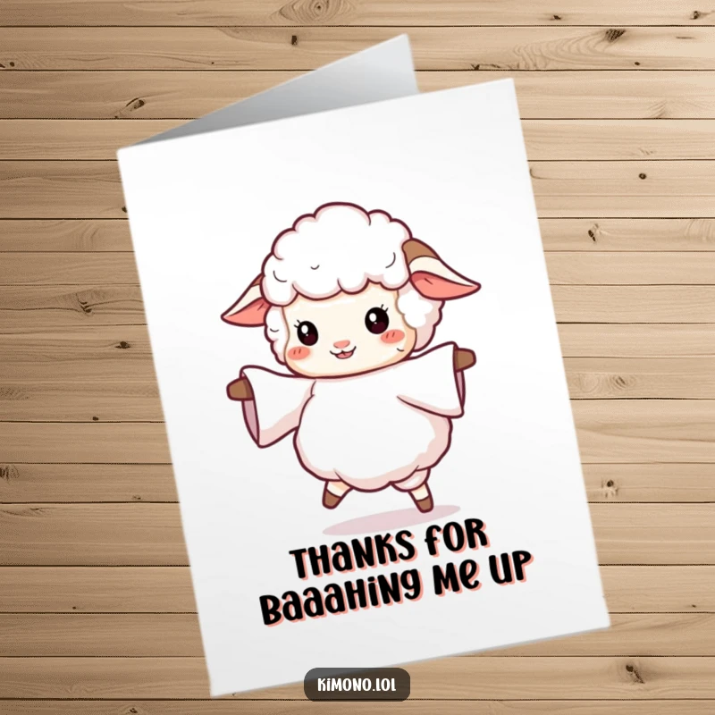 Funny free printable thank you card: A fluffy sheep twirls with a flowing sleeve, spreading thanks with cheerful movement.