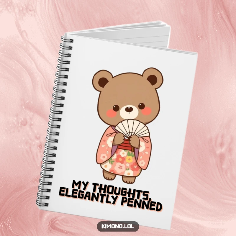 Funny bear in a floral kimono gracefully holding a delicate fan, a humorous notebook cover.