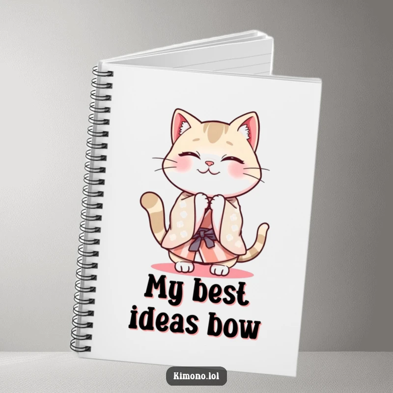 Funny cheerful cat in a patterned kimono energetically bowing, a humorous notebook cover.