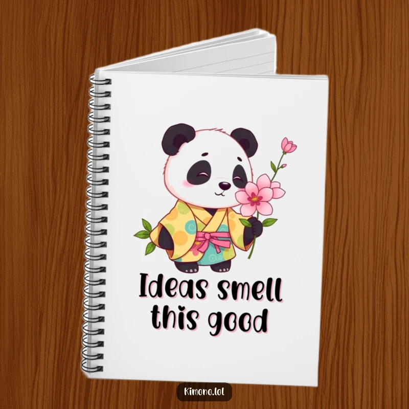 Funny panda in a colorful kimono curiously sniffing a blooming flower, a humorous notebook cover.