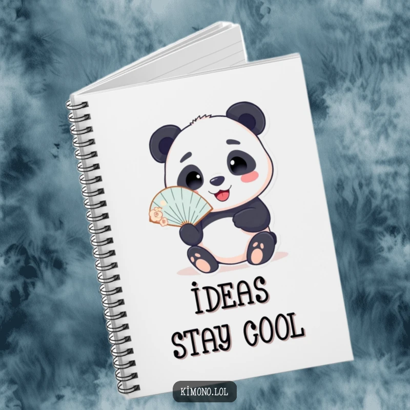 Funny notebook cover with a smiling panda holding a delicate fan, perfect for jotting down notes with a humorous and peaceful design.