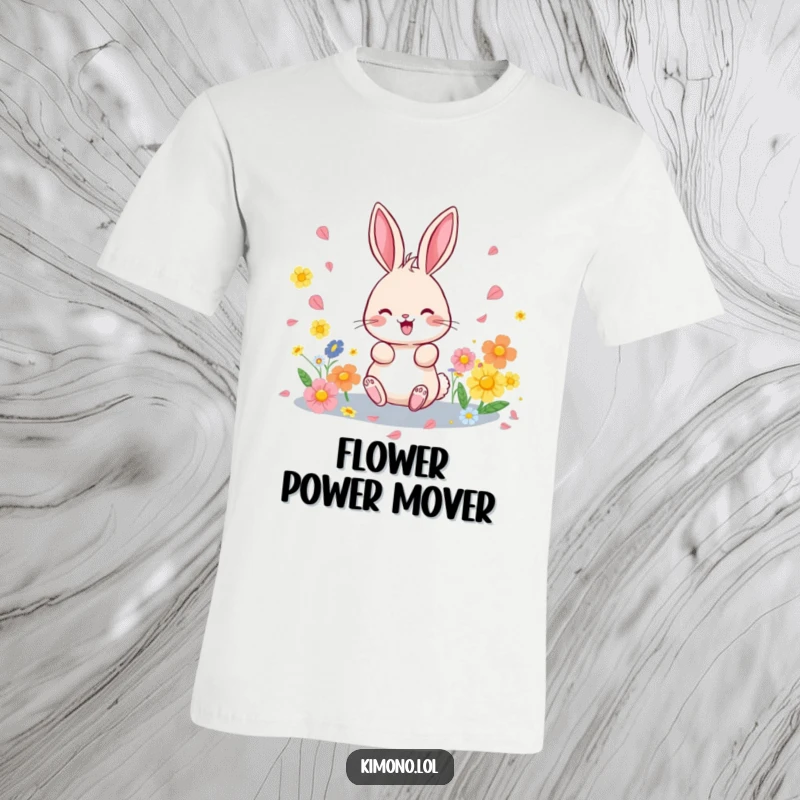 Funny t-shirt with a playful bunny scattering bright, colorful flower petals, embodying spring's vibrant energy and joy.