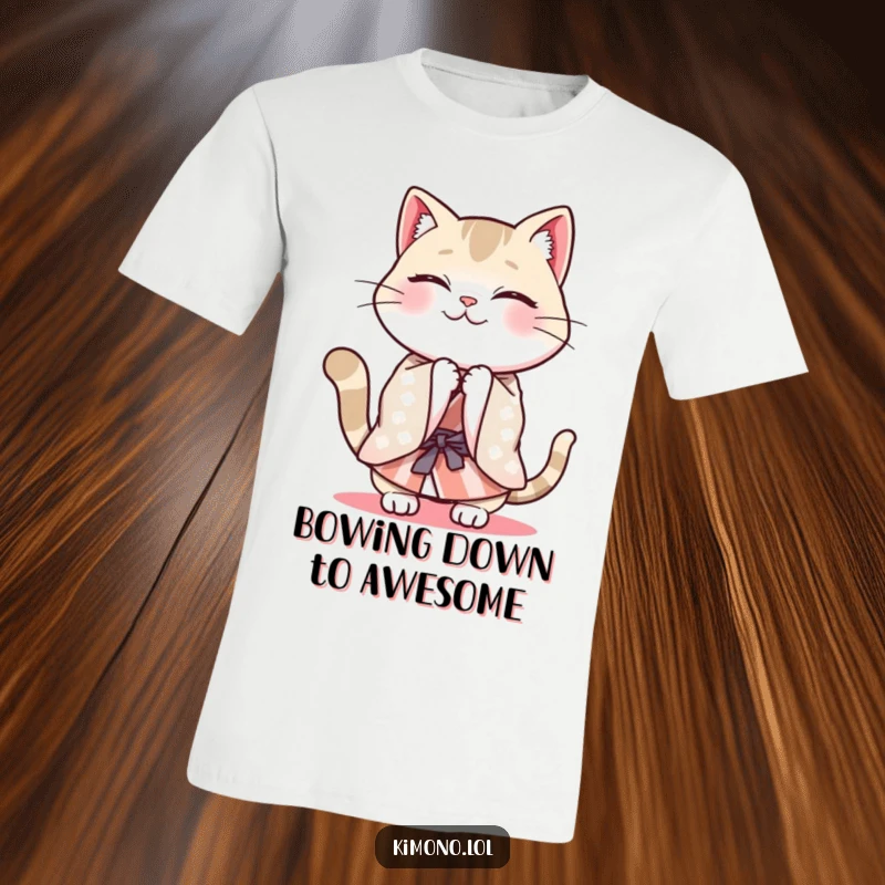 Funny cheerful cat wearing a patterned kimono, energetically bowing with enthusiasm, humorous t-shirt design.