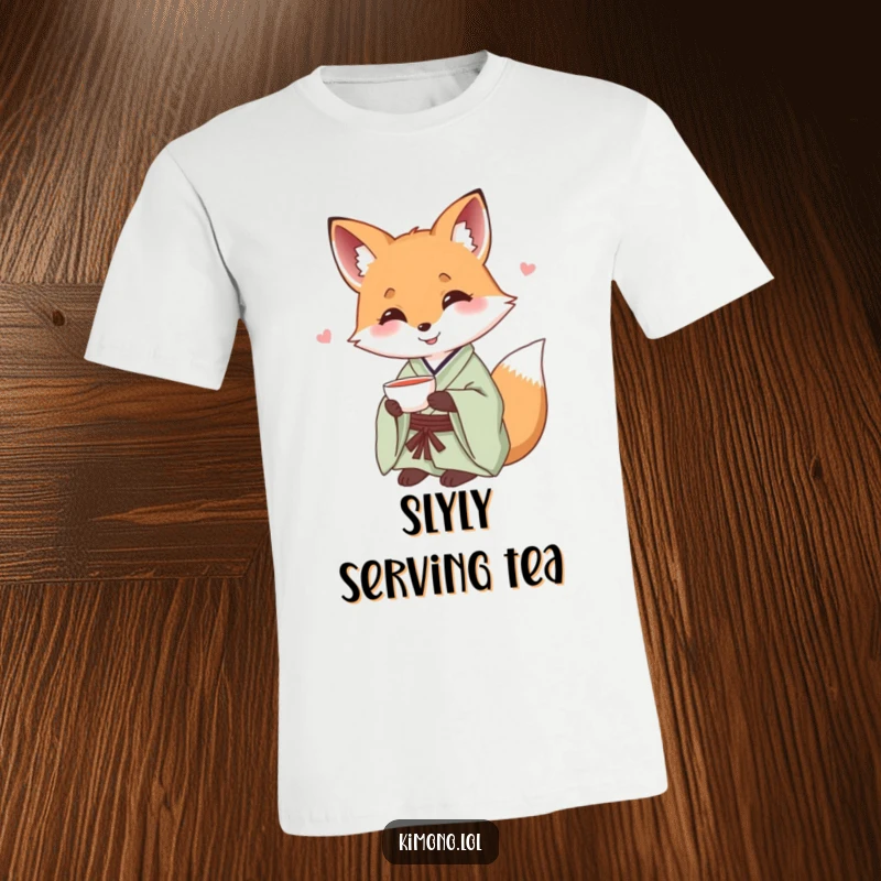 Funny fox wearing a luxurious silk kimono, offering a delicate teacup, humorous t-shirt design.