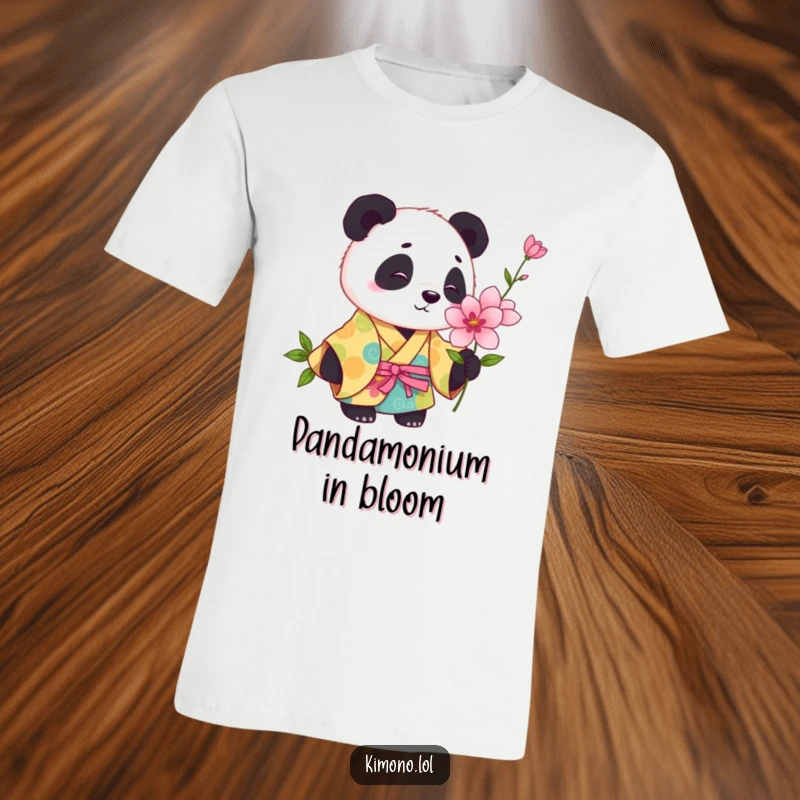 Funny panda wearing a colorful kimono, curiously sniffing a blooming flower, humorous t-shirt design.