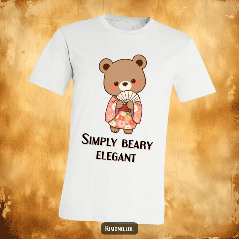 Funny bear wearing a floral kimono, delicately holding a fan, stylish t-shirt design.