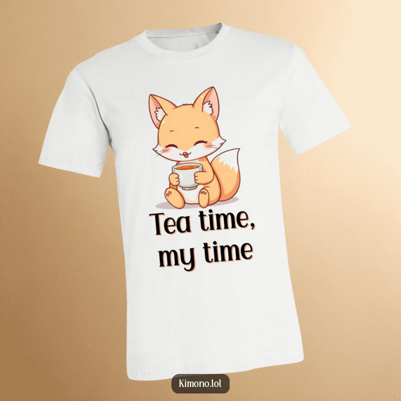 Funny t-shirt with a tranquil fox character holding a small teacup, representing peaceful moments and nature's elegance.