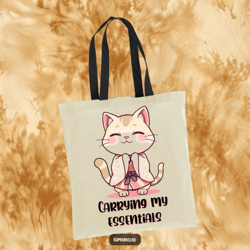 Funny cheerful cat in a patterned kimono energetically bowing, a humorous tote bag.