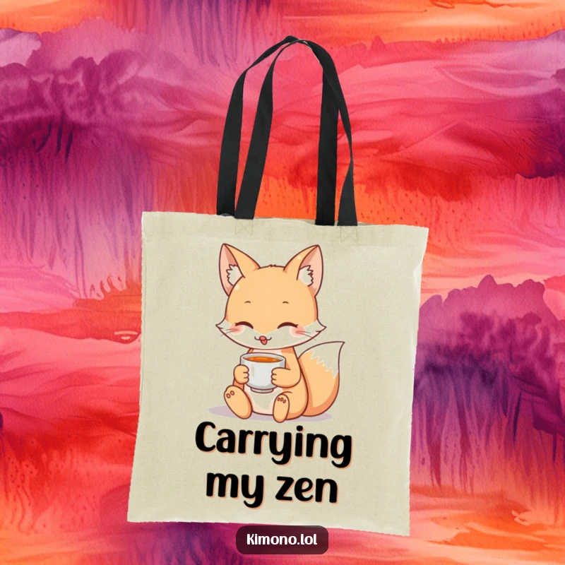 Funny tote bag with a peaceful fox character holding a teacup, ideal for stylish and practical everyday use.