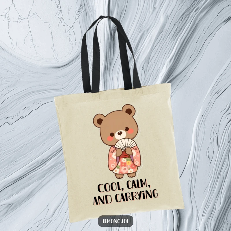Funny bear in a floral kimono gracefully holding a delicate fan, elegant tote bag design.