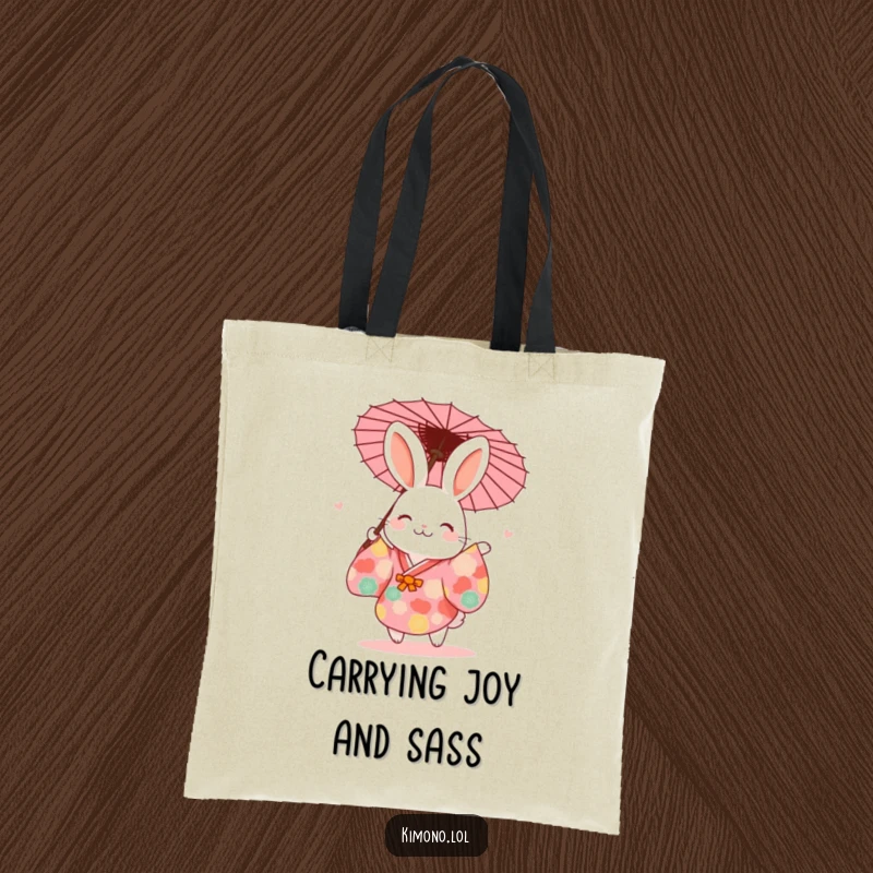 Funny rabbit in a vibrant kimono joyfully dancing with a paper umbrella, chic tote bag design.